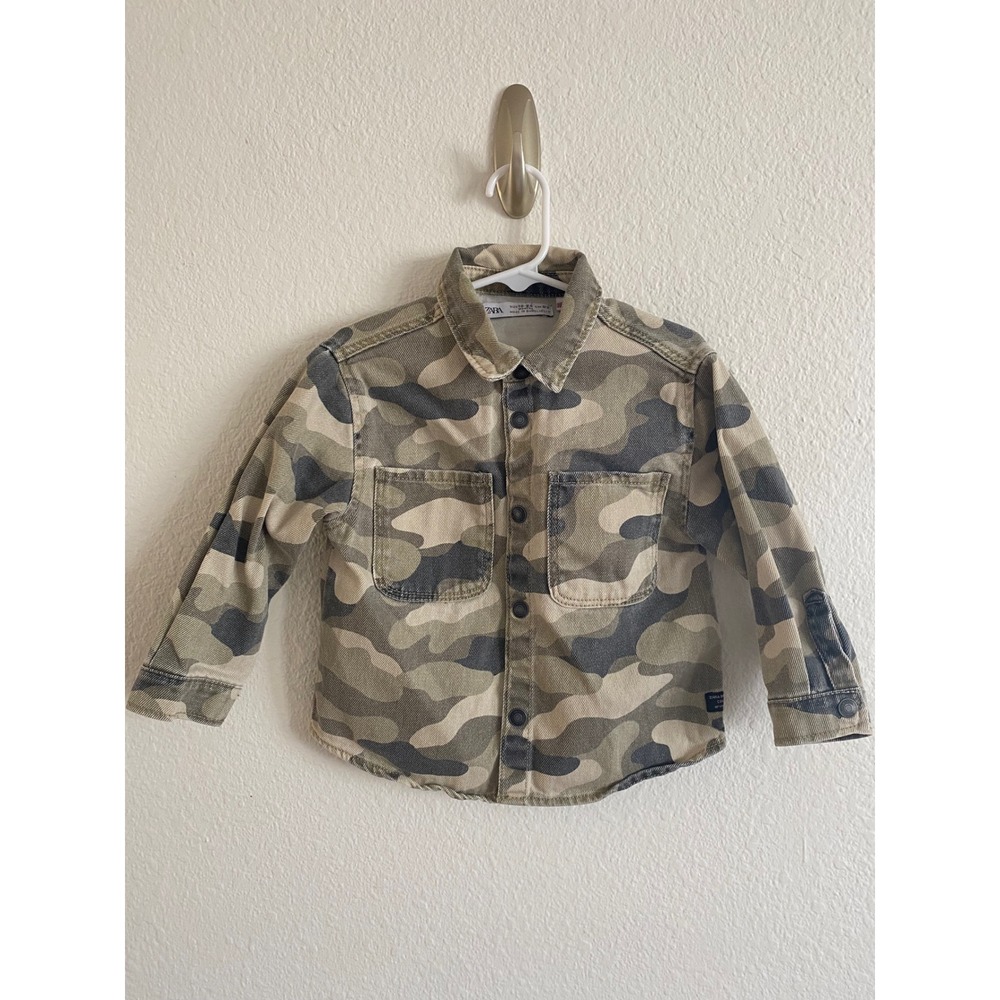 Zara Camouflage Denim Shirt Toddler 18-24 Months Green Camo Button Down Pocket